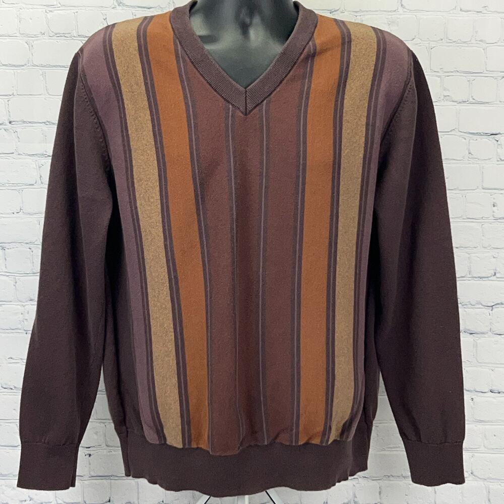 Collectif London Sweater Mens XL X-Large Brown Orange Stripe V-Neck 70s Retro